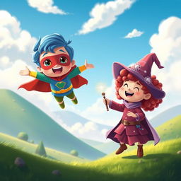A whimsical and playful scene featuring two animated children, each with unique cartoonish features