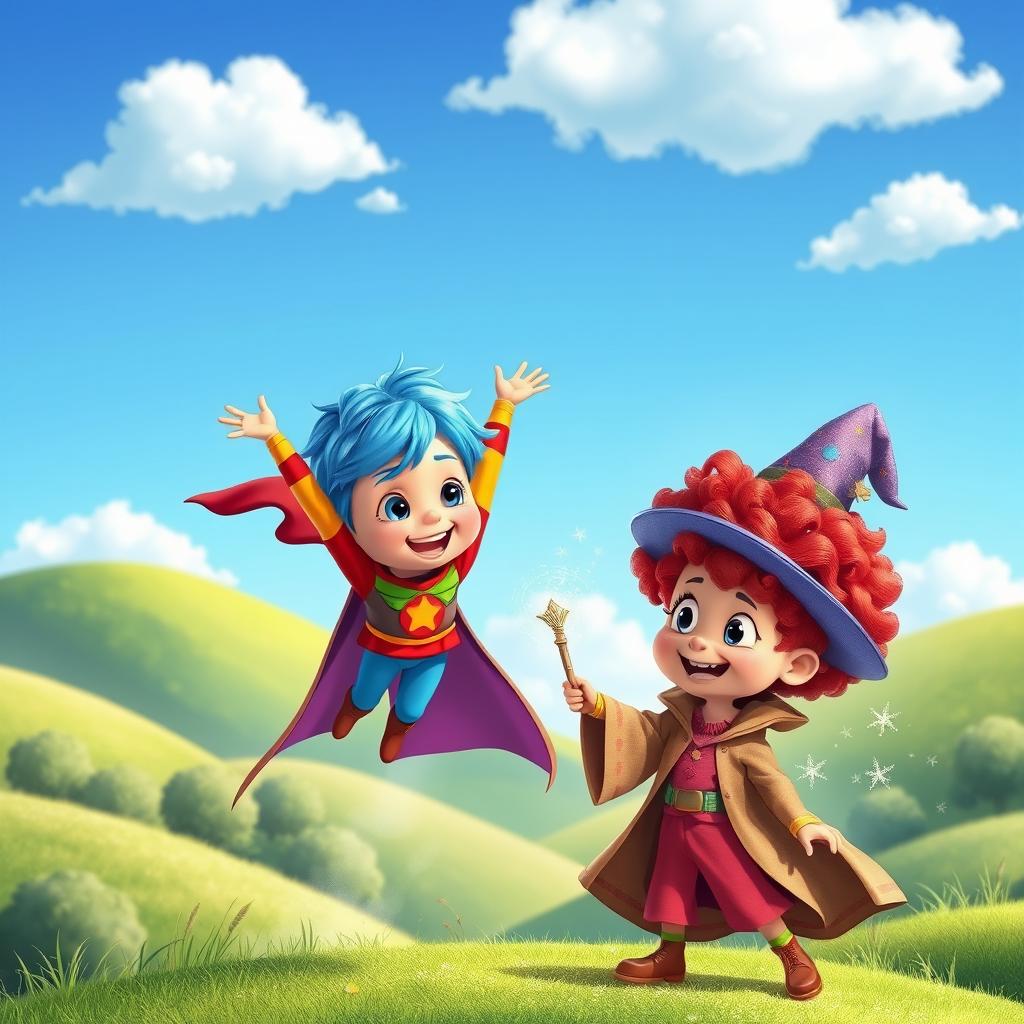 A whimsical and playful scene featuring two animated children, each with unique cartoonish features