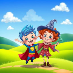 A whimsical and playful scene featuring two animated children, each with unique cartoonish features