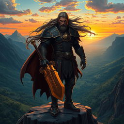 A heroic fantasy character standing on a cliff overlooking a vast, mystical landscape