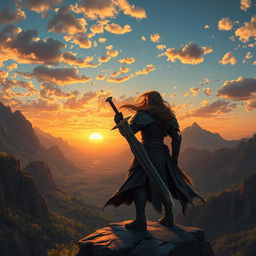 A heroic fantasy character standing on a cliff overlooking a vast, mystical landscape