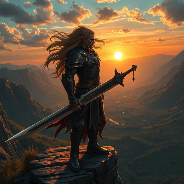 A heroic fantasy character standing on a cliff overlooking a vast, mystical landscape