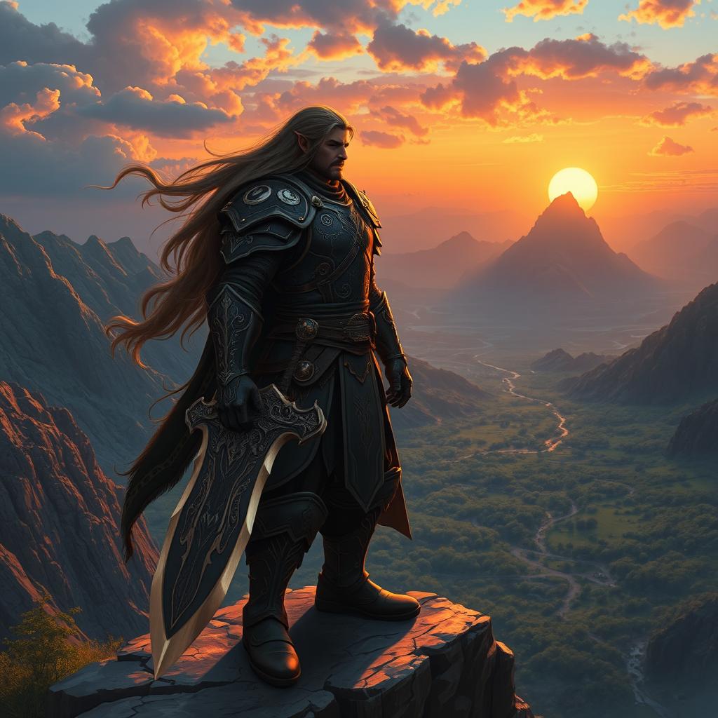 A heroic fantasy character standing on a cliff overlooking a vast, mystical landscape