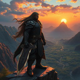 A heroic fantasy character standing on a cliff overlooking a vast, mystical landscape