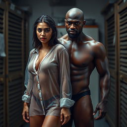 A full-length intimate photo shoot featuring a stunning 22-year-old Arab woman in a transparent wet shirt, showcasing her sexy boobs, hot navel, and seductive thighs