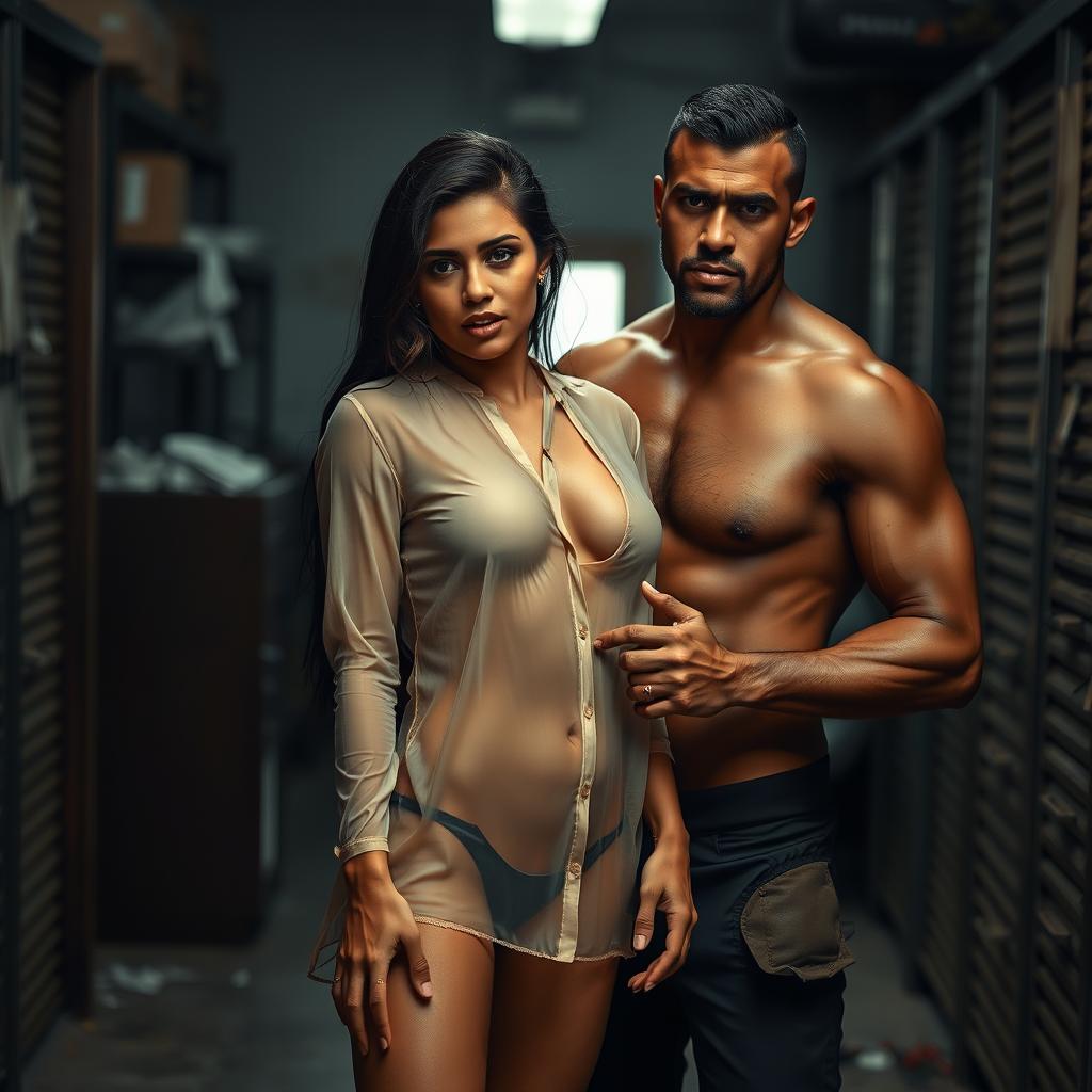 A full-length intimate photo shoot featuring a stunning 22-year-old Arab woman in a transparent wet shirt, showcasing her sexy boobs, hot navel, and seductive thighs