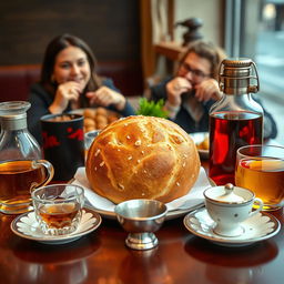 A beautifully arranged dining table featuring Sangak bread prominently placed in the center