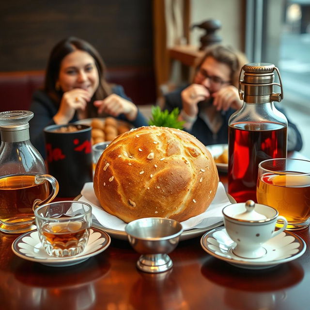 A beautifully arranged dining table featuring Sangak bread prominently placed in the center