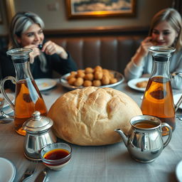 A beautifully arranged dining table featuring Sangak bread prominently placed in the center