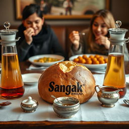 A beautifully arranged dining table featuring Sangak bread prominently placed in the center