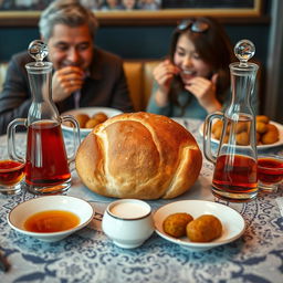 A beautifully arranged dining table featuring Sangak bread prominently placed in the center