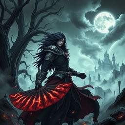 Madara Uchiha, a powerful warrior with long dark hair and an intricate armor resembling ancient samurai, standing in a mystical Elden Ring landscape filled with towering castles and ominous skies