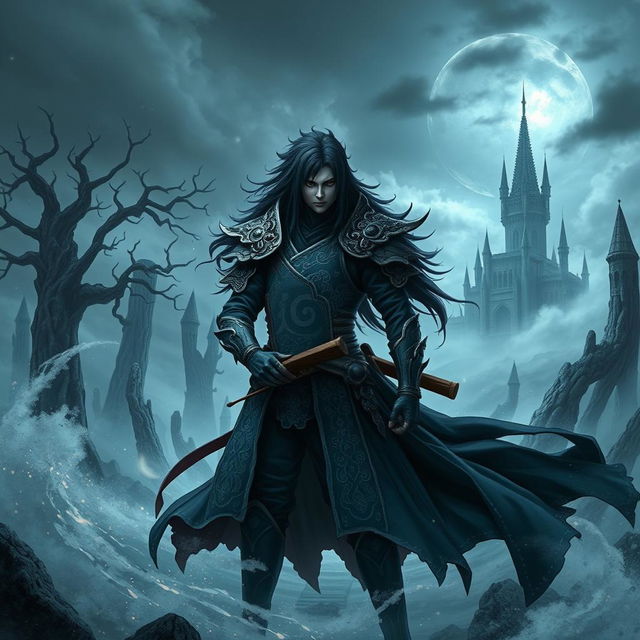 Madara Uchiha, a powerful warrior with long dark hair and an intricate armor resembling ancient samurai, standing in a mystical Elden Ring landscape filled with towering castles and ominous skies