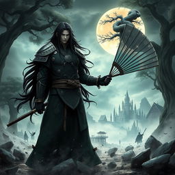 Madara Uchiha, a powerful warrior with long dark hair and an intricate armor resembling ancient samurai, standing in a mystical Elden Ring landscape filled with towering castles and ominous skies