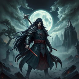Madara Uchiha, a powerful warrior with long dark hair and an intricate armor resembling ancient samurai, standing in a mystical Elden Ring landscape filled with towering castles and ominous skies