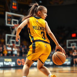 A young woman playing basketball, showcasing her athletic skills and agility on the court