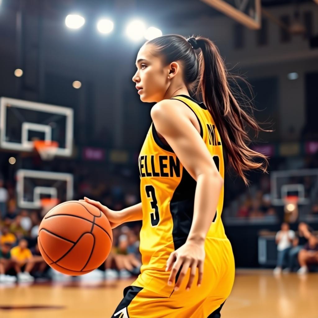 A young woman playing basketball, showcasing her athletic skills and agility on the court