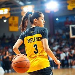 A young woman playing basketball, showcasing her athletic skills and agility on the court