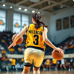 A young woman playing basketball, showcasing her athletic skills and agility on the court