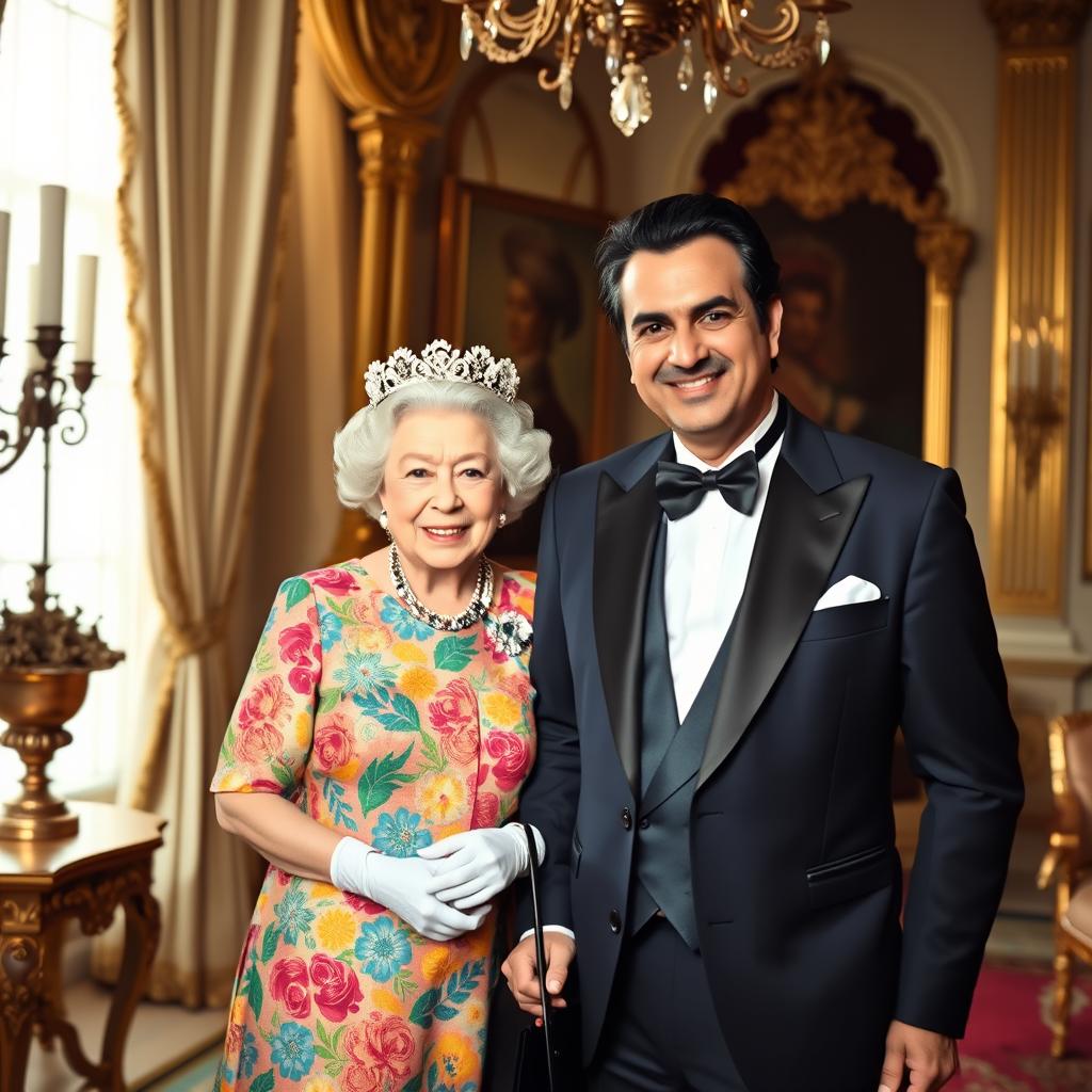 A whimsical, creative portrait featuring Queen Elizabeth II standing elegantly beside a stylish Iranian actor, Mohammad Reza Golzar
