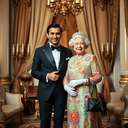 A whimsical, creative portrait featuring Queen Elizabeth II standing elegantly beside a stylish Iranian actor, Mohammad Reza Golzar