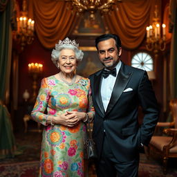 A whimsical, creative portrait featuring Queen Elizabeth II standing elegantly beside a stylish Iranian actor, Mohammad Reza Golzar