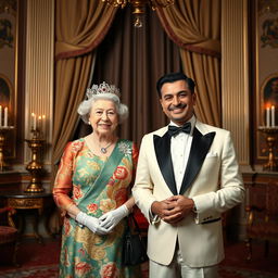 A whimsical, creative portrait featuring Queen Elizabeth II standing elegantly beside a stylish Iranian actor, Mohammad Reza Golzar