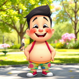 A cheerful, cartoon character with a chubby physique, smiling broadly and wearing colorful, casual clothing