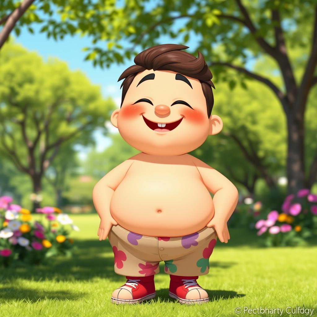 A cheerful, cartoon character with a chubby physique, smiling broadly and wearing colorful, casual clothing