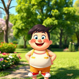A cheerful, cartoon character with a chubby physique, smiling broadly and wearing colorful, casual clothing