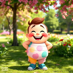 A cheerful, cartoon character with a chubby physique, smiling broadly and wearing colorful, casual clothing
