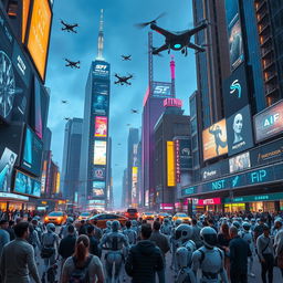 A futuristic cityscape showcasing the domination of artificial intelligence in the world
