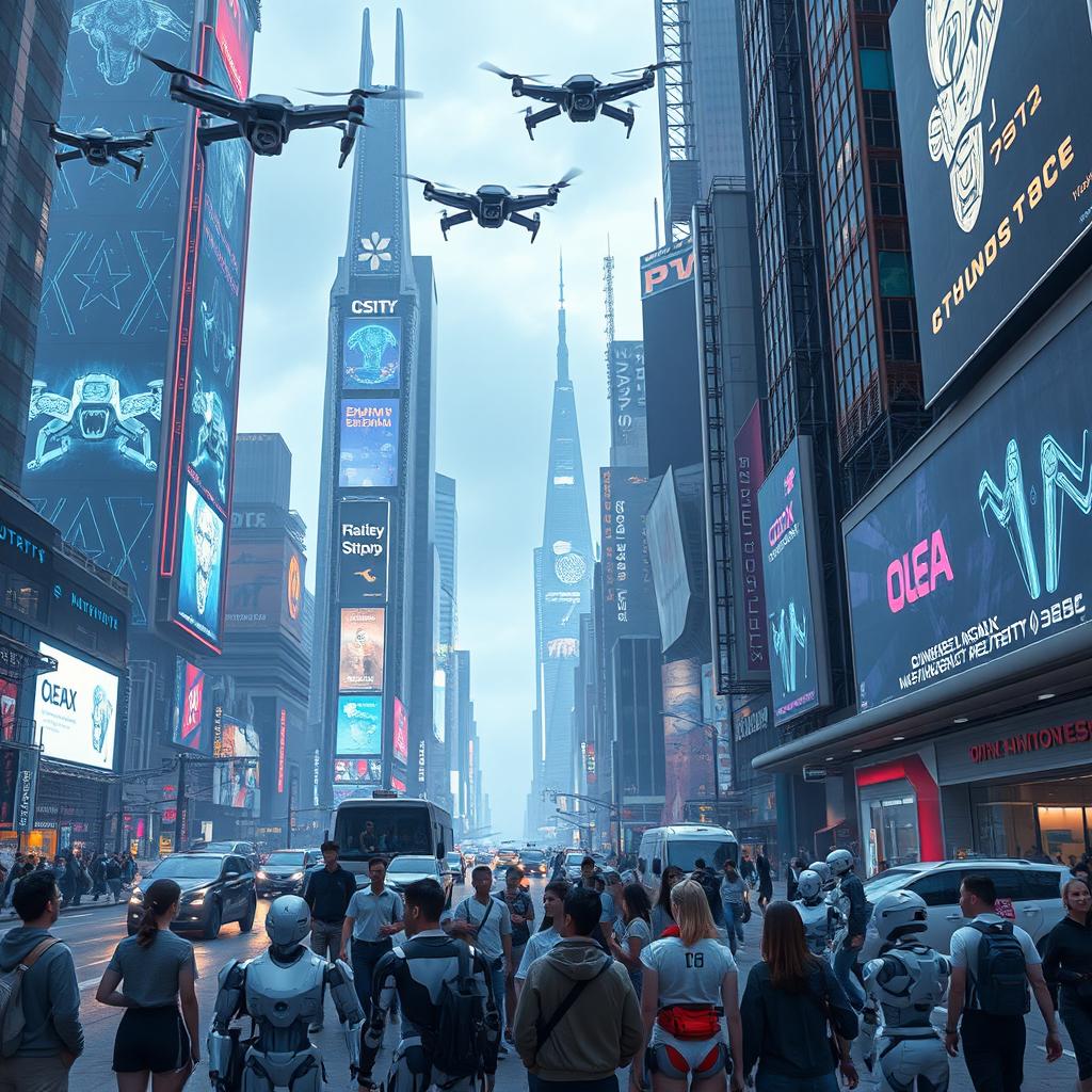 A futuristic cityscape showcasing the domination of artificial intelligence in the world
