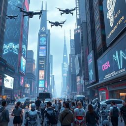 A futuristic cityscape showcasing the domination of artificial intelligence in the world