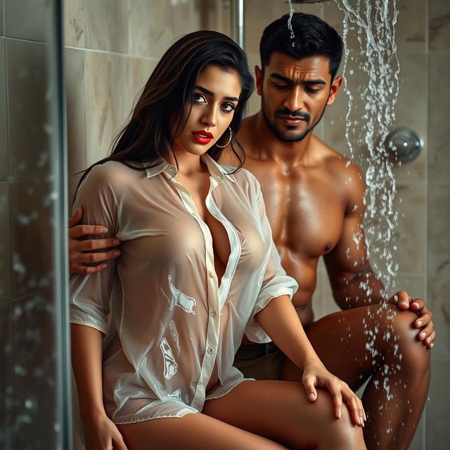 A full-length intimate photo shoot featuring a stunning 22-year-old Arab woman in a transparent wet shirt, accentuating her sexy boobs, hot navel, and seductive thighs