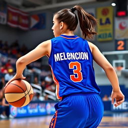 A young woman playing basketball, showcasing her athletic prowess on the court