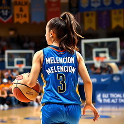 A young woman playing basketball, showcasing her athletic prowess on the court