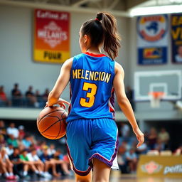 A young woman playing basketball, showcasing her athletic prowess on the court