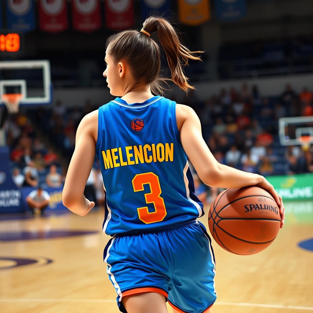 A young woman playing basketball, showcasing her athletic prowess on the court