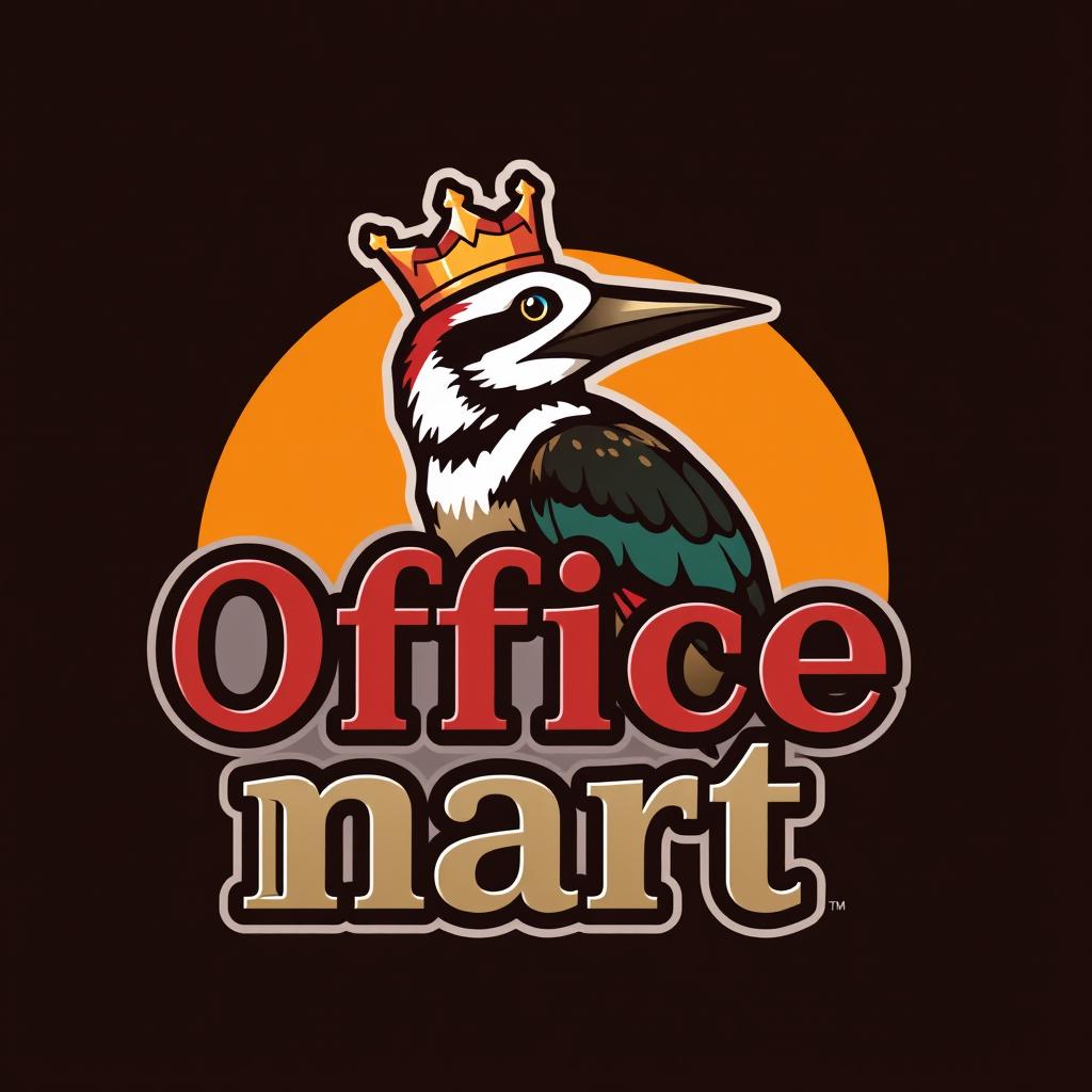 A highly detailed logo design for 'Office Mart' featuring a stylized woodpecker wearing a crown