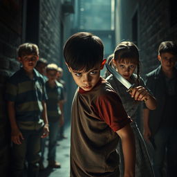 A dramatic scene depicting a young boy standing bravely in front of a girl, attempting to shield her from a group of aggressive boys behind him