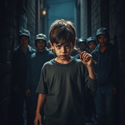 A dramatic scene depicting a young boy standing bravely in front of a girl, attempting to shield her from a group of aggressive boys behind him