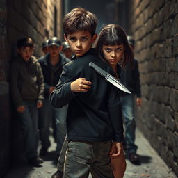 A dramatic scene depicting a young boy standing bravely in front of a girl, attempting to shield her from a group of aggressive boys behind him