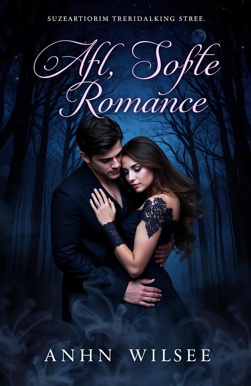 A captivating book cover that blends elements of dark romance and soft romance, featuring a mysterious, shadowy forest under a starry night sky