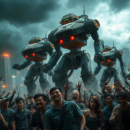 A dystopian scene depicting a battle between humans and robots in a post-apocalyptic urban landscape