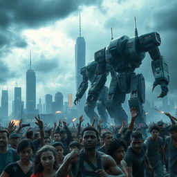 A dystopian scene depicting a battle between humans and robots in a post-apocalyptic urban landscape