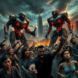 A dystopian scene depicting a battle between humans and robots in a post-apocalyptic urban landscape