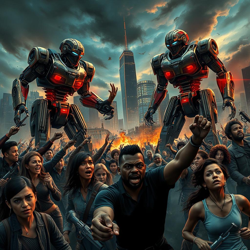 A dystopian scene depicting a battle between humans and robots in a post-apocalyptic urban landscape
