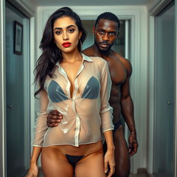 A full-length intimate photo shoot featuring a stunning 22-year-old Arab woman in a transparent wet shirt, accentuating her sexy boobs, hot navel, and seductive thighs