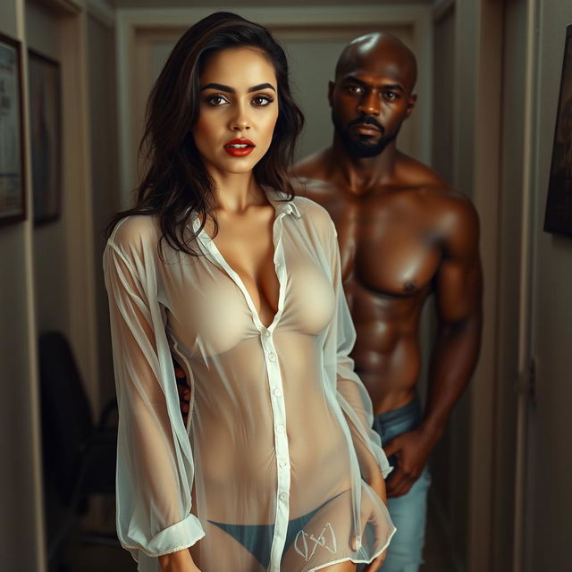 A full-length intimate photo shoot featuring a stunning 22-year-old Arab woman in a transparent wet shirt, accentuating her sexy boobs, hot navel, and seductive thighs